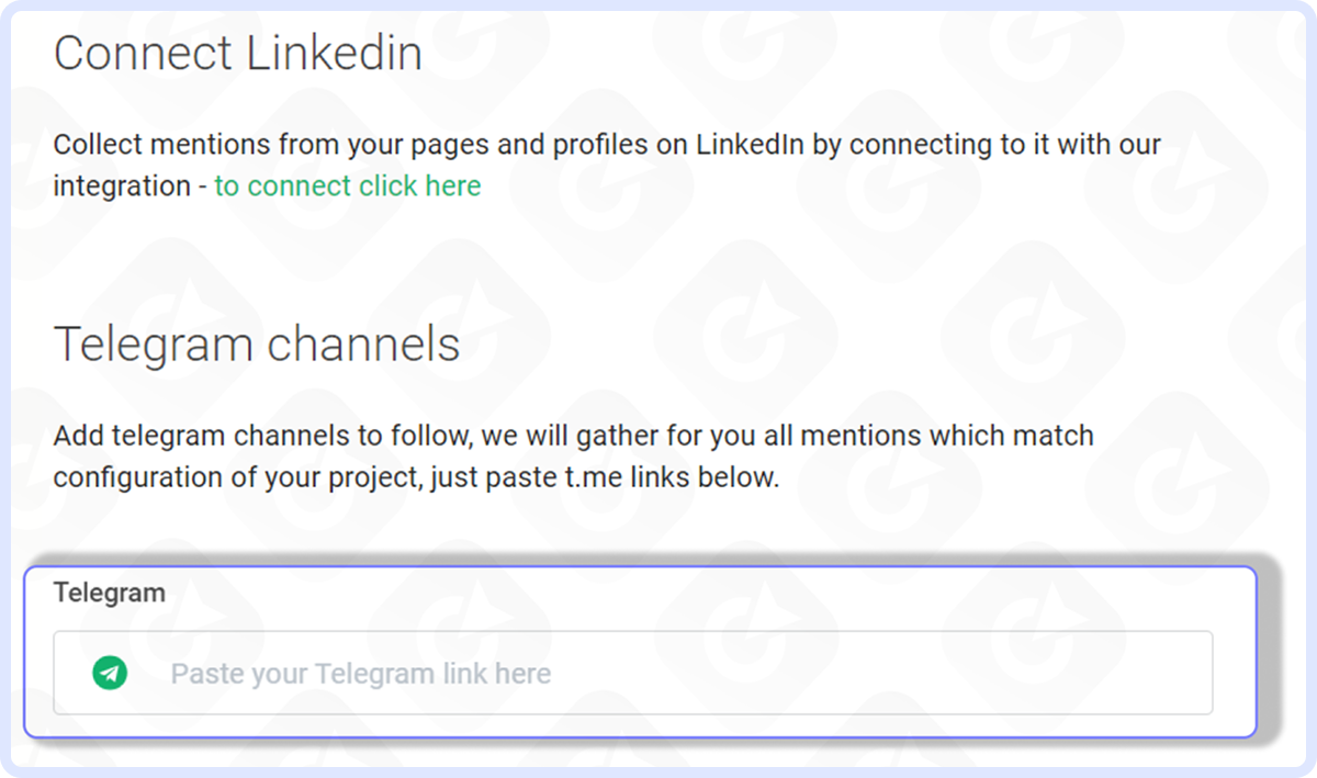 How to add a specific Telegram channel to follow in Brand24. Brand24 interface to add Telegram channels for monitoring mentions.